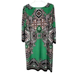 Chicos Green Shift Dress size 2 US L 12 Medallion Print Stretch Knit 3/4 Sleeve
